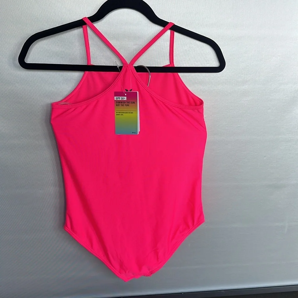 NWT Hurley Big Girl's L 12/14 Bright Neon Pink Swimsuit 1 Pc Halter Tank Beach